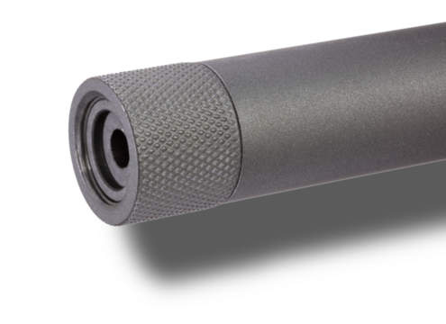 Shadow below the muzzle end of a rifle that is wearing a thread protector