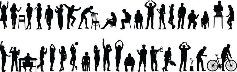 Large diverse collection of human silhouettes in various poses, activities, gestures, movement, communication, lifestyle actions, work, leisure, and interaction