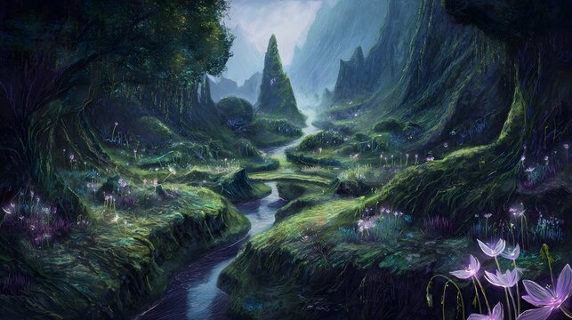 Mystical forest realm ancient ruins glow vibrant landscape immersive game art digital painting scenery - Powered by Adobe