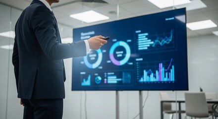 Corporate manager delivering a presentation with data visualization charts and graphs on a large digital screen in a modern conference room