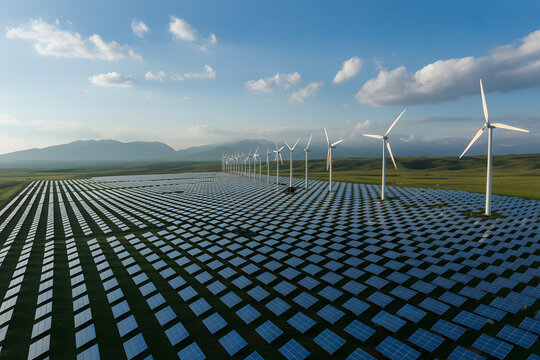 Harmony of Sustainable Energy: A breathtaking aerial perspective showcasing a vast array of solar panels alongside graceful wind turbines, signifying humanity's commitment to a cleaner tomorrow.