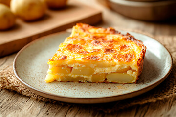 Wedge of potato tortilla on a plate, showing layers of egg and potato. Classic Spanish style food meal in a rustic setting