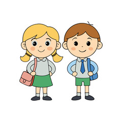 Two happy cartoon school children with backpacks ready for learning