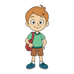 Smiling cartoon boy with auburn hair and a red backpack ready for school