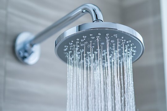 Shower head spraying streams of water in a modern bathroom, reflecting concepts of water saving, conservation, and hygiene