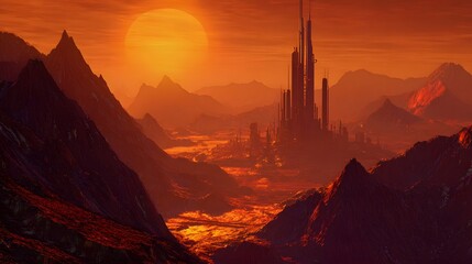 Futuristic alien world showcases towering skyscraper under a vivid sunset glow landscape