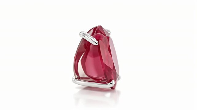 A mesmerizing close-up of a brilliantly faceted, vibrant red gemstone, possibly a ruby or similar precious stone, elegantly set within a gleaming silver-toned metallic clasp. The jewel rotates slowly 