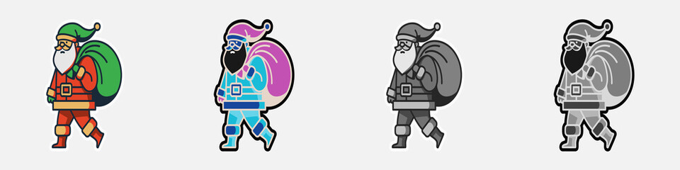 Running Santa carrying green sack cartoon fun character – icon set multiple style collection