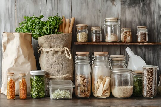 Organizing healthy food ingredients in reusable glass jars, paper bags, and containers, promoting eco-friendly and plastic-free living