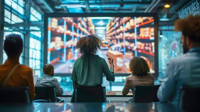 Diverse team watching presentation about warehouse management and logistics in a modern office, discussing supply chain optimization strategies 4k video