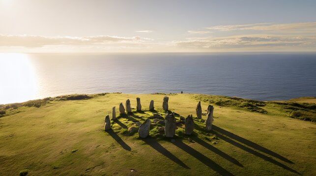 Ancient stones on a hilltop embrace timeless serenity overlooking vast ocean horizons bathed in warm sunlight