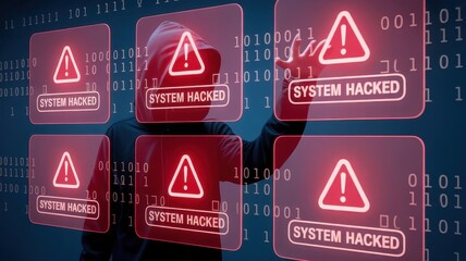 Anonymous figure manipulates multiple digital security breach warnings displayed on a screen