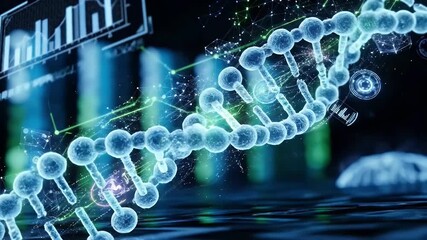 A mesmerizing, abstract digital visualization showcases a translucent, glowing molecular chain, reminiscent of a DNA helix or complex cellular structure, flowing against a deep, scientific background. - Powered by Adobe