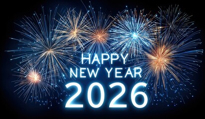 Fireworks display with text Happy New Year 2026 isolated on black background for new year celebration concept.