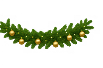 Christmas garland decoration with golden ornaments and string lights on a transparent background