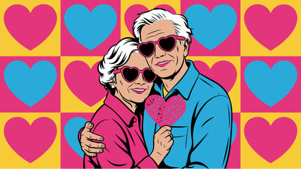 Senior couple in heart sunglasses smiling and hugging on colorful pop art heart background.