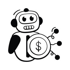 Hand drawn icon of an ai robot managing financial data and fintech automation