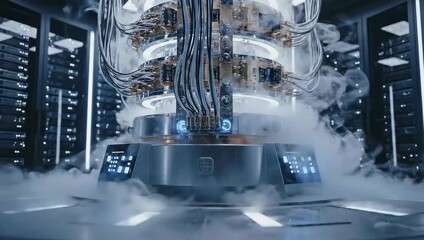 Futuristic Computer Server Room with Glowing Core and Fog Effects - Powered by Adobe