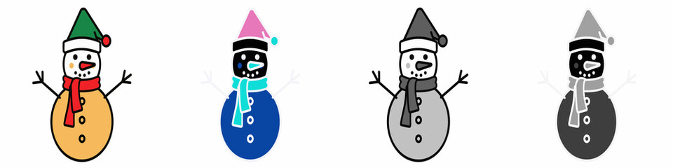 Cute snowman with hat and scarf winter character illustration icon set multiple style collection