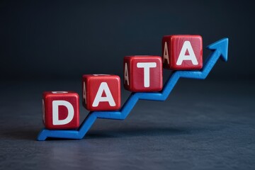 Word blocks spelling out a concept rest on an ascending blue chart element