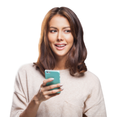 Young beauty woman using smartphone isolated transparent PNG, Smiling student girl with mobile phone looking away to copy space isolated portrait. Modern lifestyle, connection, business concept
