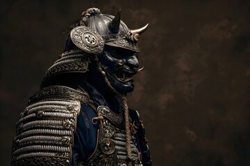 Portrait of Samurai masked Oni Devil wearing samurai armor of various silver-plated metal details, reflecting exquisite craftsmanship, contrast of light and shadow against a dark dusty background