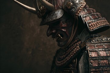 Portrait of Samurai masked Oni Devil wearing samurai armor of various silver-plated metal details, reflecting exquisite craftsmanship, contrast of light and shadow against a dark dusty background