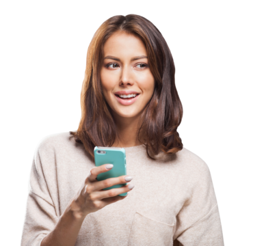 Young beauty woman using smartphone isolated transparent PNG, Smiling student girl with mobile phone looking away to copy space isolated portrait. Modern lifestyle, connection, business concept