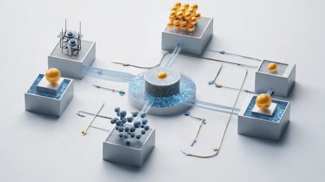 Connected Systems: Depicting a series of interconnected, abstract structures and nodes, suggesting a network or system, all working in unison. A modern and conceptual graphic.