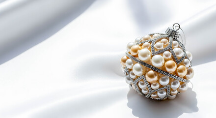 Decorative Christmas ornament with pearls on white satin background  