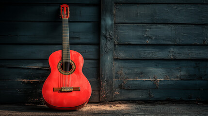 Obraz premium Hight light of orange guitar is leaning against a wooden wall , classic musical mood.