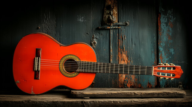 An orange guitar is on the wooden floor , clssic musical mood.