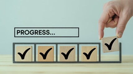 Human hand places final wooden block with checkmark into progress bar sequence
