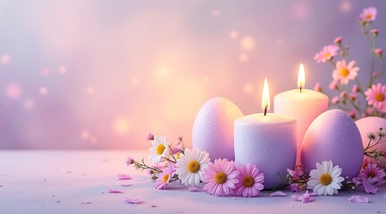 Easter candles and eggs with flowers on soft pastel background  