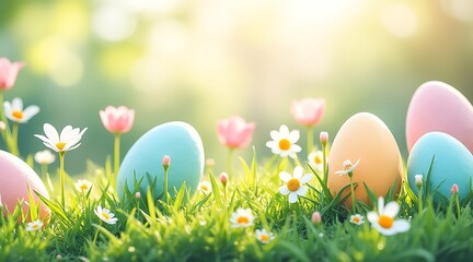 Colorful Easter eggs among blooming flowers in sunny spring meadow  