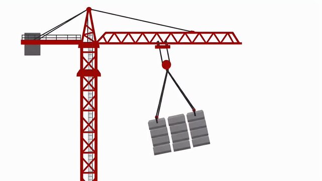 Animated red tower crane lifting heavy blocks on a white background with copy space