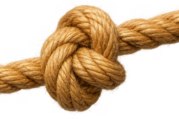 Rope knot creating complexity and strength, symbolizing unity, challenge, connection, and a problem solving concept on a transparent background