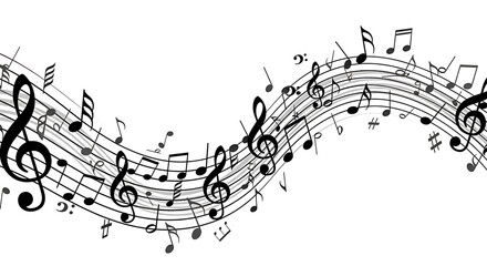 Abstract Flowing Music Notes and Staff Lines Banner