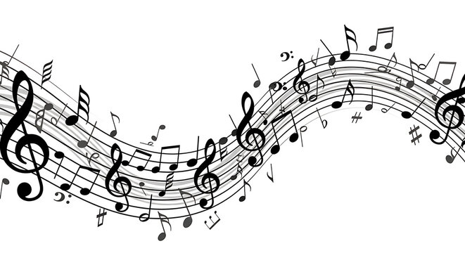 Abstract Flowing Music Notes and Staff Lines Banner