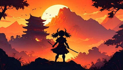 Mythical Child Warrior Silhouette at Mountain Temple