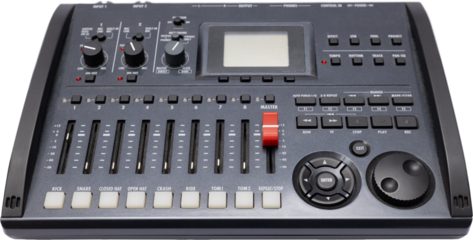 Compact drum machine with faders and performance controls on transparent background. Concept of music production tools, beat-making workflow, creative studio energy.