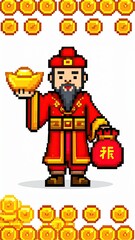 Retro Pixel Art Character of Wealth Smiling, Pixel wealth god pixel art lucky pixel wealth god character pixel god of wealth illustration pixel wealth god graphic for digital assets 