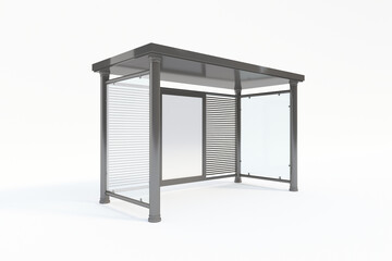 Modern bus stop shelter with glass panels and sleek metal frame, perfect for urban advertising.
