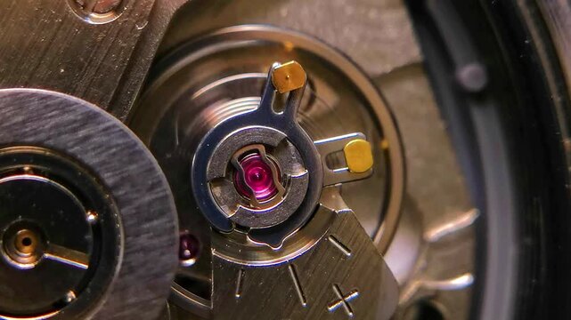Macro footage of an automatic watch escapement, showing the balance wheel, jewel pallet, regulator arm, and polished metal components. Highly detailed mechanical engineering visuals