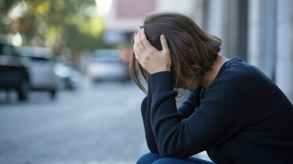 Distressed young woman sits alone in an urban setting holding her head in despair