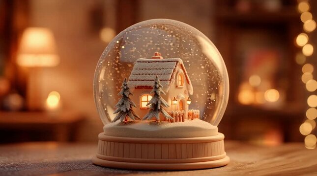 Warmly lit snow globe with a cozy house and snowflakes on a table in a softly illuminated room with a festive atmosphere.