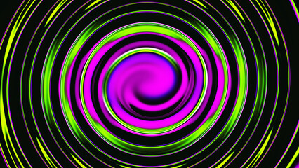 Bright neon green purple pink black color spiral background. Abstract pattern. Glitch Art trippy digital screen. Tech banner. Template. Luxury texture. Spiral. Virtual Reality. New technology. Circle.