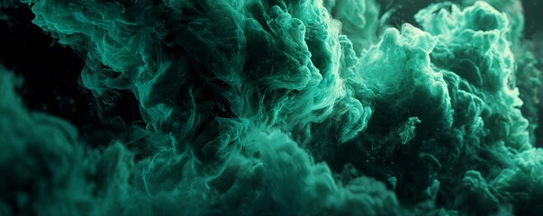 Abstract emerald green smoke swirls with textured depths against a black background, concept for digital art, atmospheric effects and visual effects