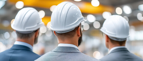 Factory workers in industrial settings often showcase dedicated workforce. Their commitment to safety is evident as they wear hard hats while observing operations