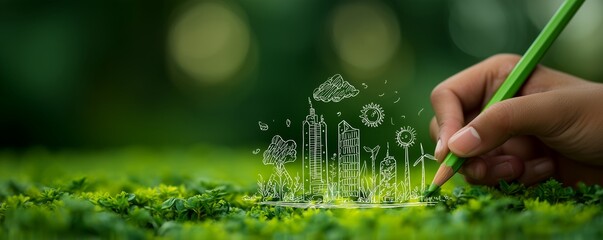 Hand drawing eco city on green foliage, concept for sustainable development, environmental awareness and future planning